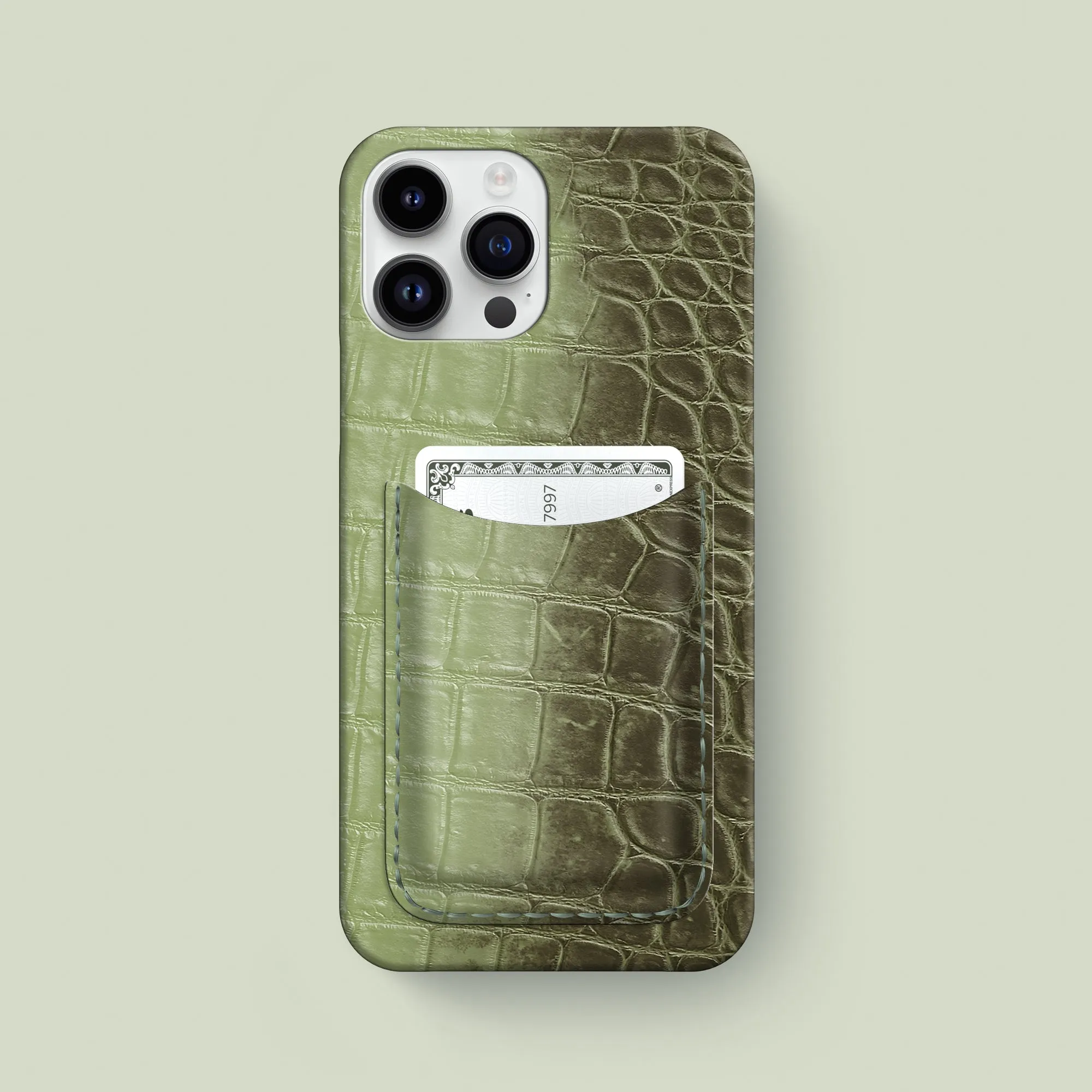 Slim Card Case Celadon Green For iPhone 16 Pro Max In Himalayan Crocodile Frosted Finish