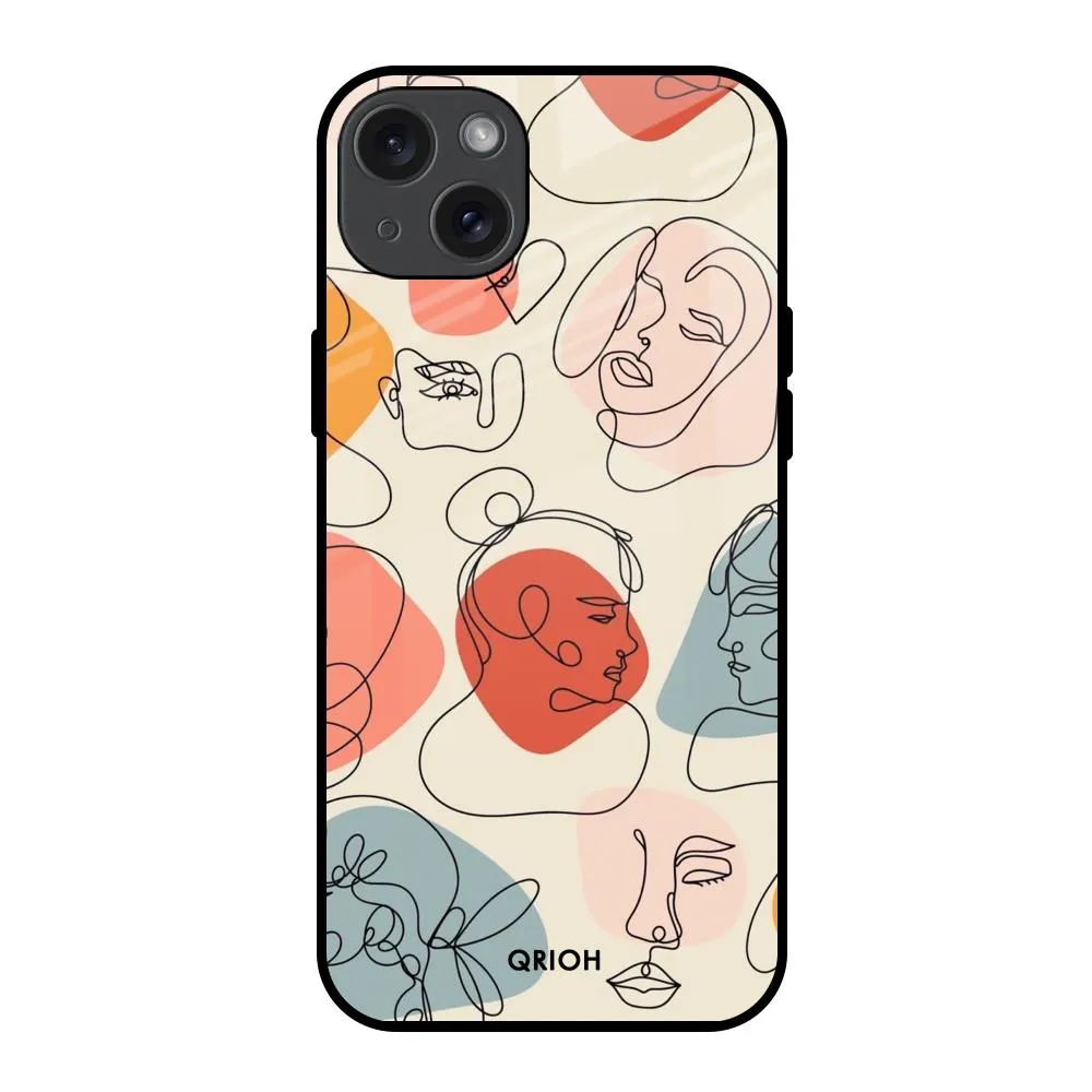Compact Pattern Soft Layered Design Abstract Faces Glass Case for iPhone 15 Plus