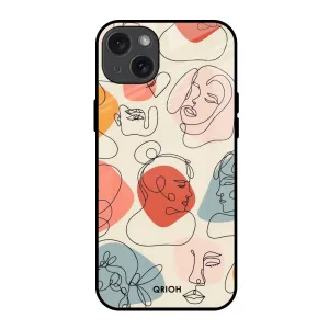 Compact Pattern Soft Layered Design Abstract Faces Glass Case for iPhone 15 Plus