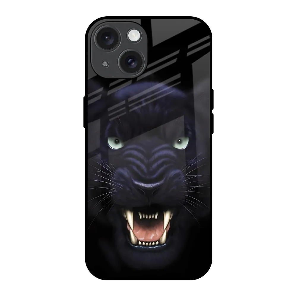 Angry Black Leopard Glass Case for iPhone 15 Elegant Surface Texture Protective Frame Design