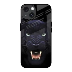 Angry Black Leopard Glass Case for iPhone 15 Elegant Surface Texture Protective Frame Design