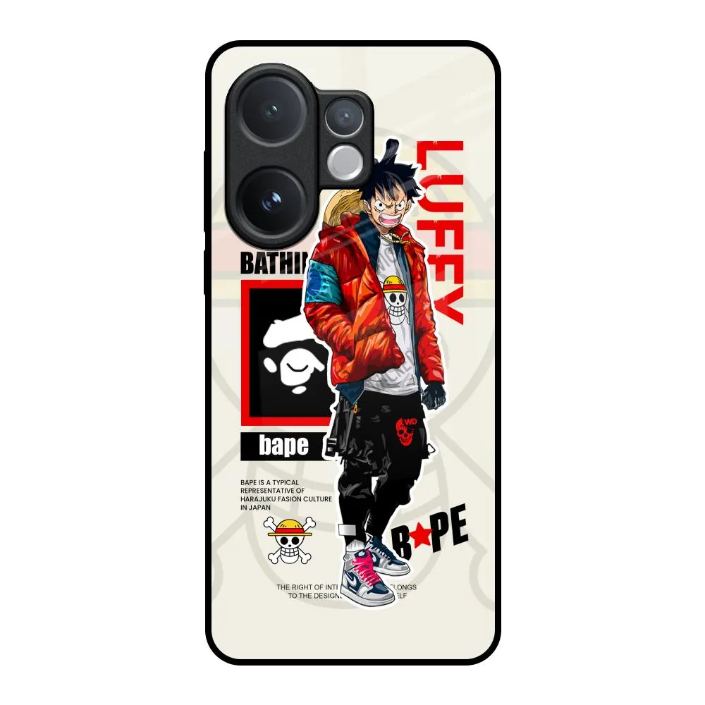 Soft Look Texture metal frame Bape Luffy Glass Case for Vivo V60 5G
