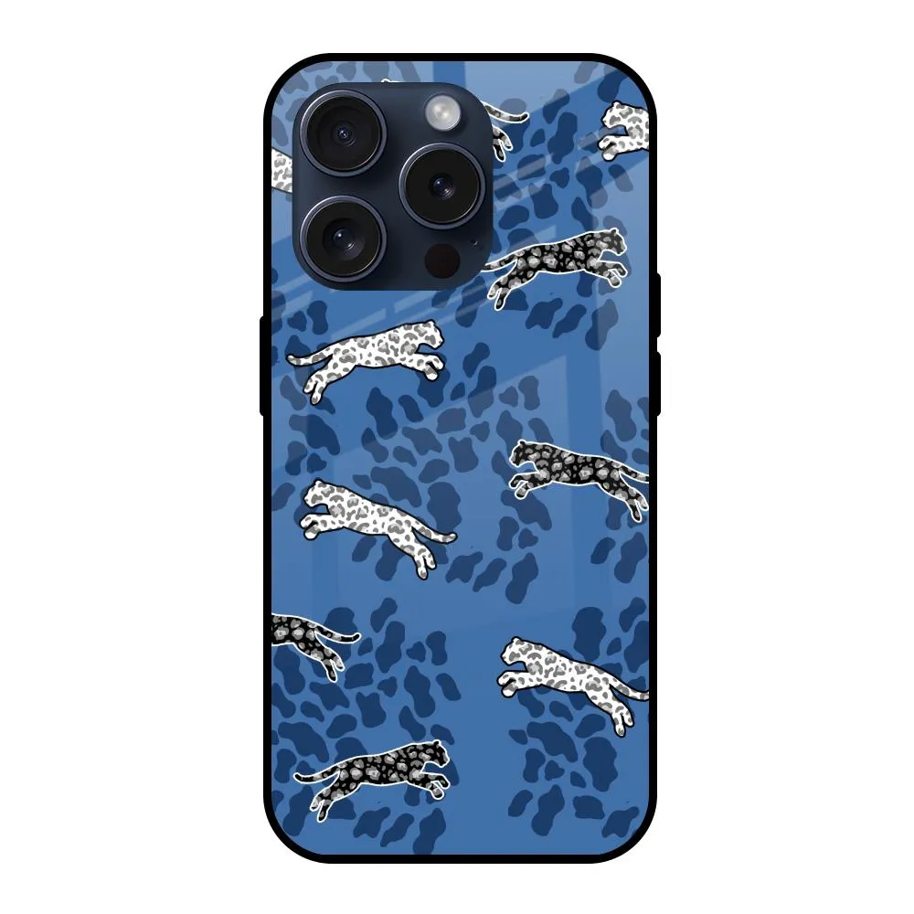 Blue Cheetah Glass Case for iPhone 15 Pro Polished Look Modern Aesthetic