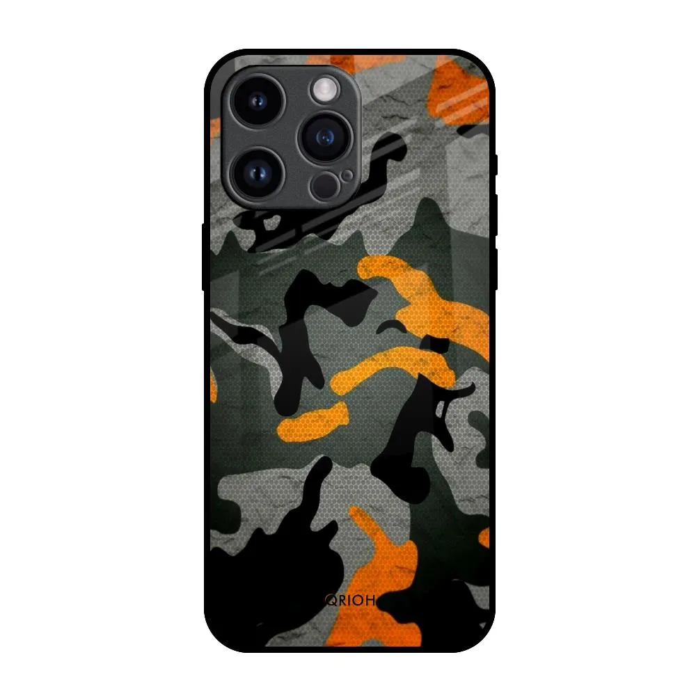 Camouflage Orange Glass Case For iPhone 14 Pro Max Premium Style Scratch Guard