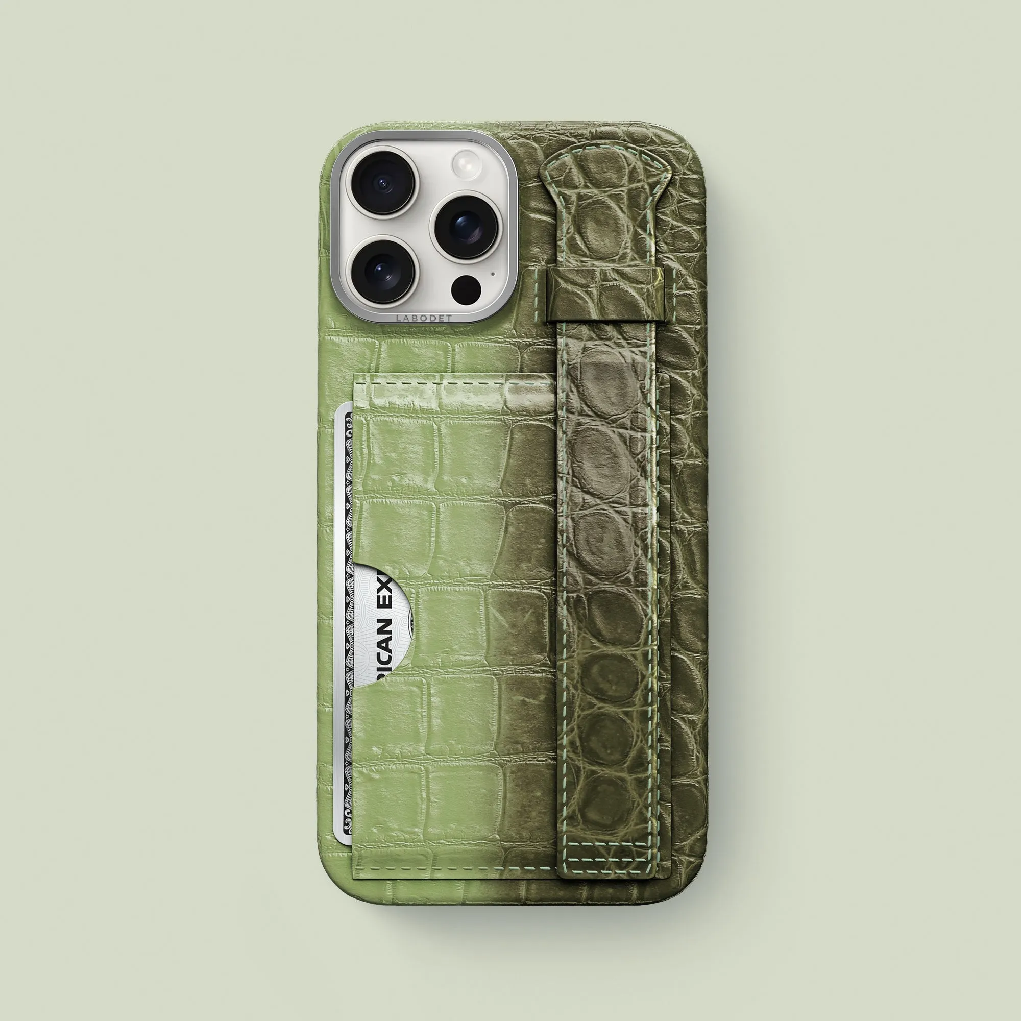Matte Texture Premium Finish Cardholder Strap Case Celadon Green For iPhone 16 Pro Max In Himalayan Crocodile