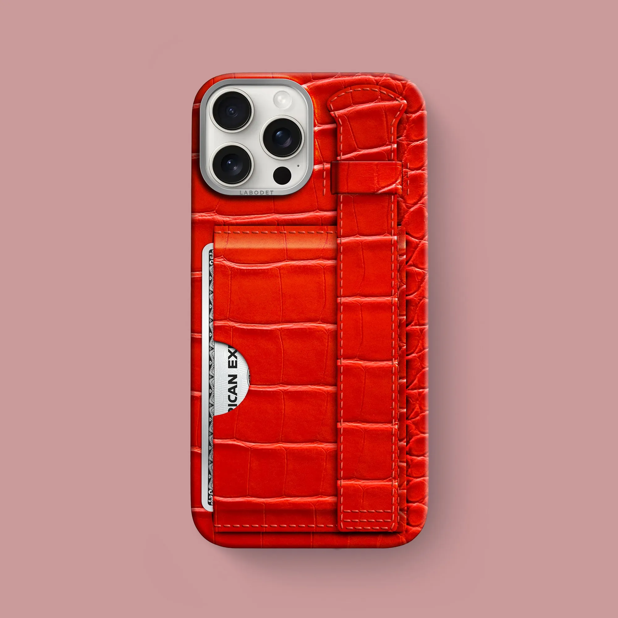 Cardholder Strap Case Deep Coral For iPhone 16 Pro Max In Alligator Vivid Design Texture Light Design