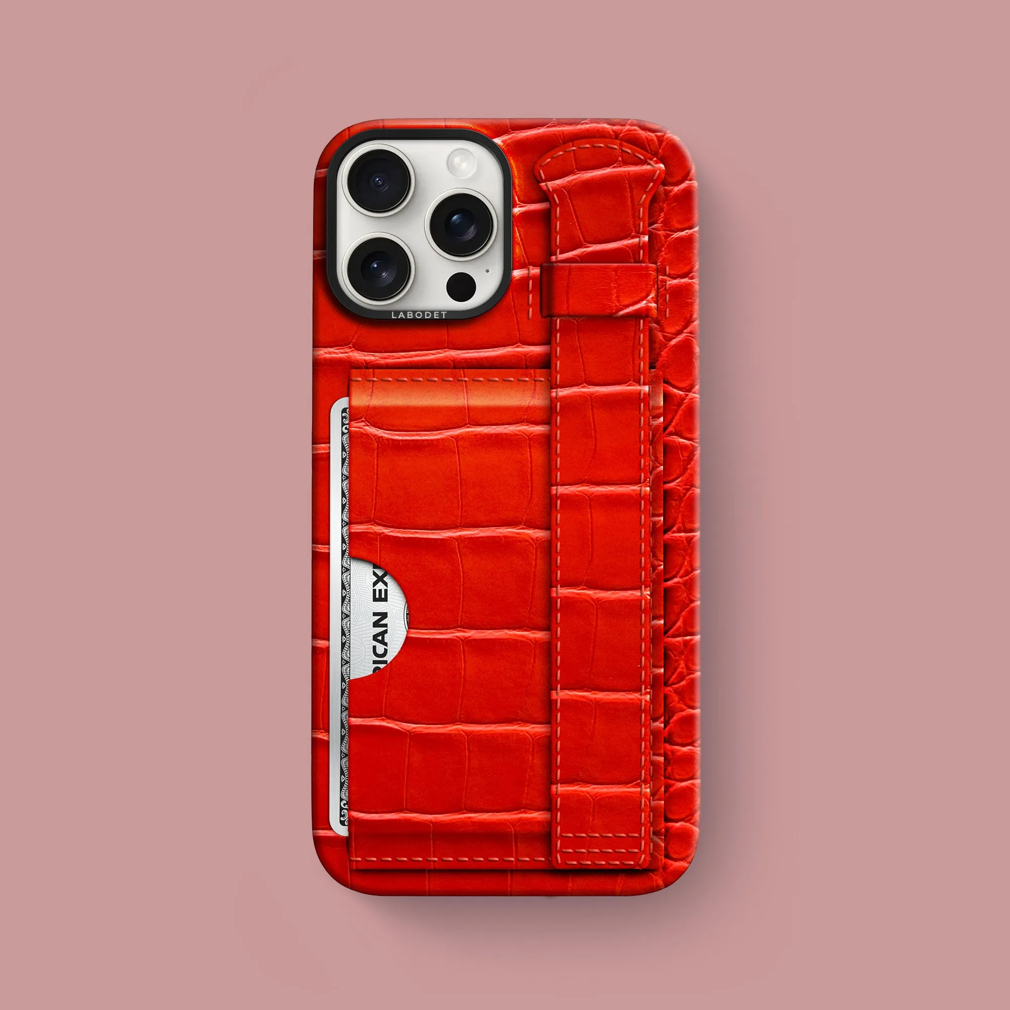 Stylish Detail Layer high quality build Cardholder Strap Case Deep Coral For iPhone 16 Pro Max In Alligator
