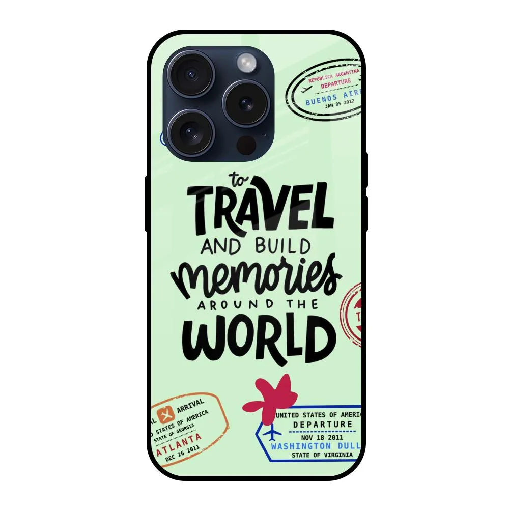 Travel Stamps Glass Case for iPhone 15 Pro Elegant Surface Polished Surface