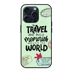 Travel Stamps Glass Case for iPhone 15 Pro Elegant Surface Polished Surface