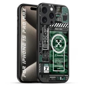 Strong Corners Polished Surface Texture Green Camo Circuit Glass Case for iPhone 15 Pro Max