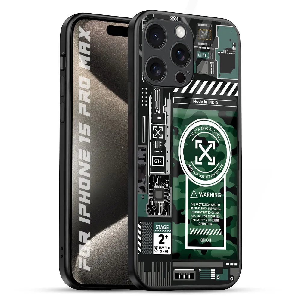 Strong Corners Polished Surface Texture Green Camo Circuit Glass Case for iPhone 15 Pro Max