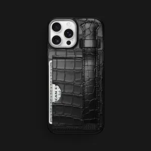 Cardholder Strap Case Edition Black For iPhone 16 Pro Max In Alligator Smooth Design Fashion Look