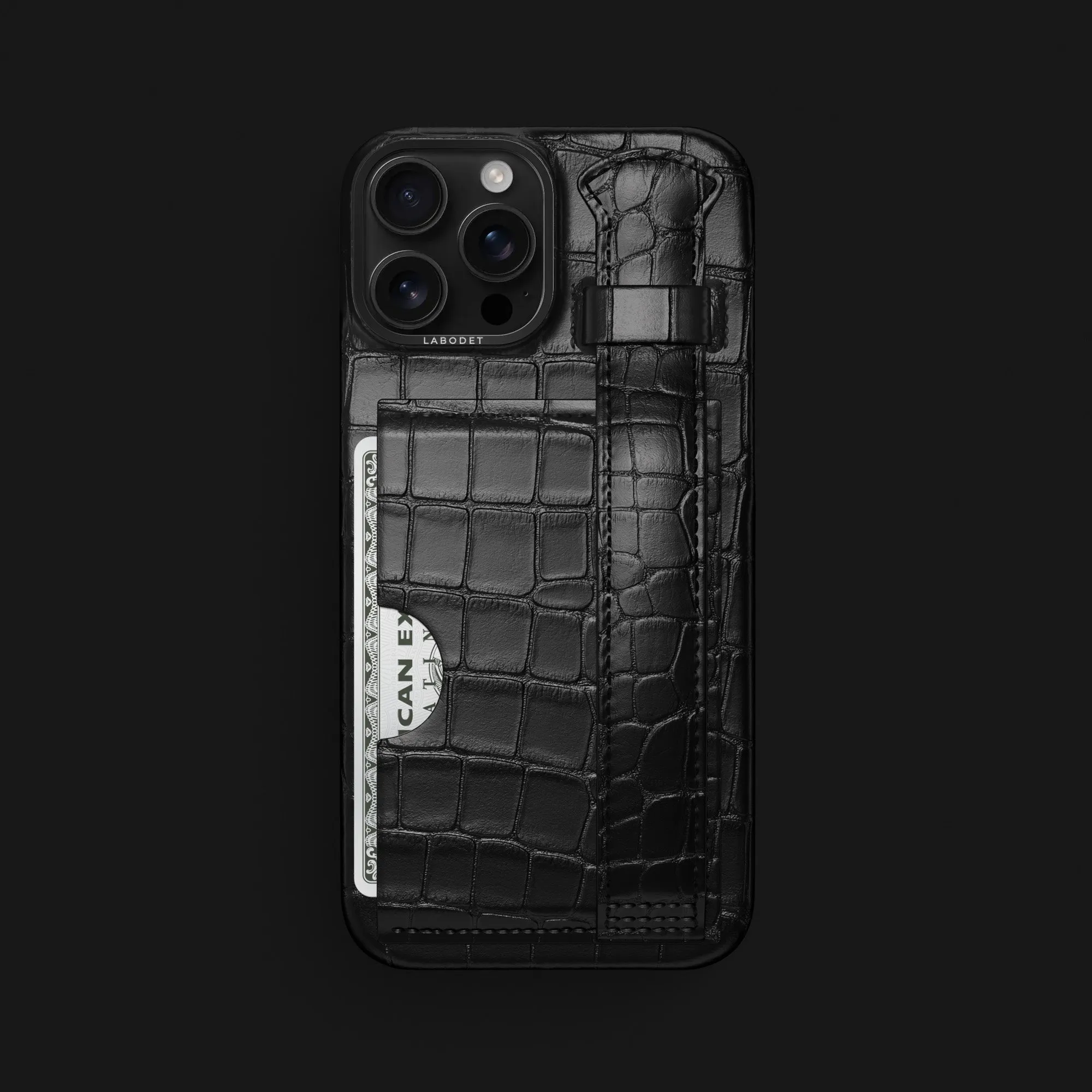 Minimalist Aesthetic Cardholder Strap Case Edition Black For iPhone 16 Pro Max In Alligator