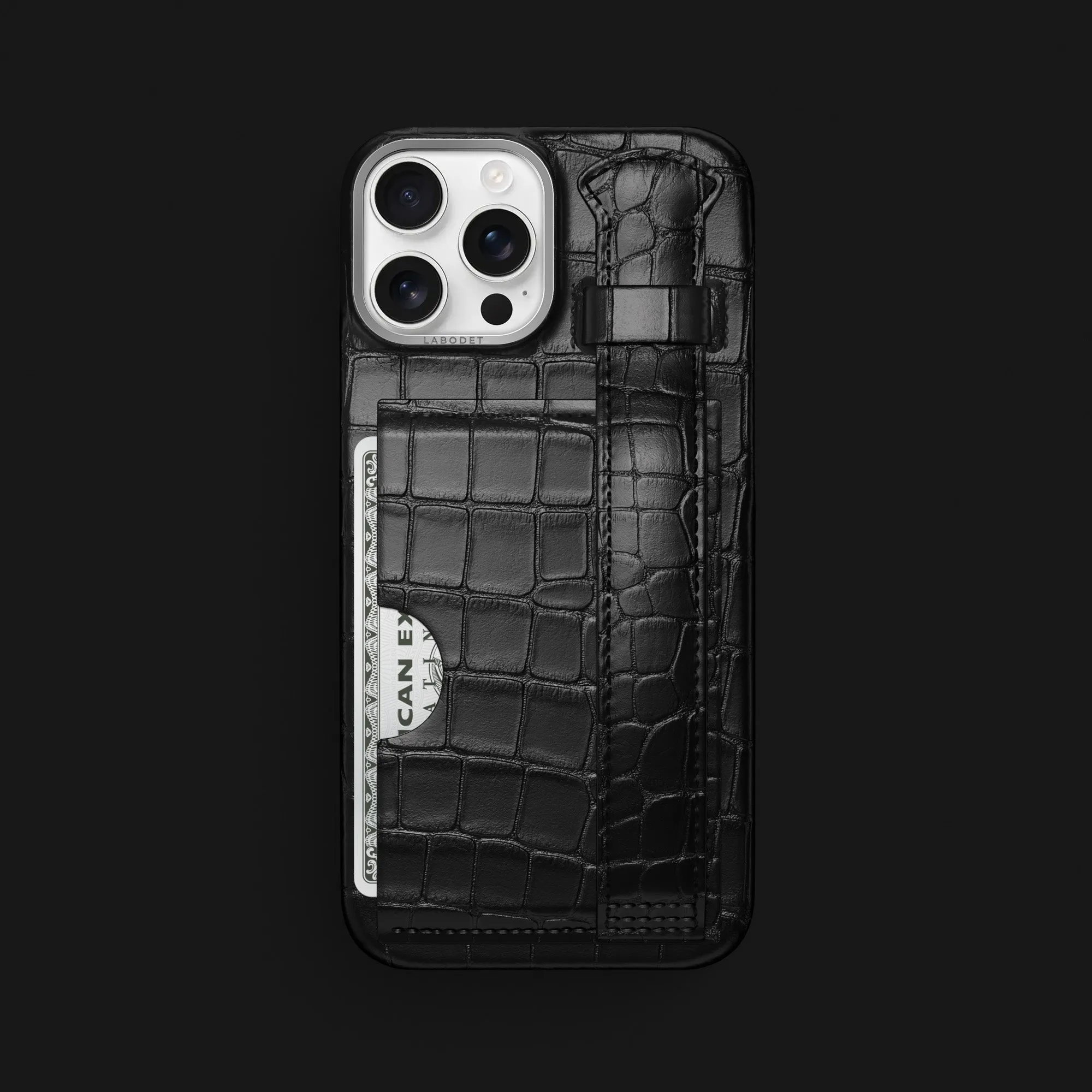Cardholder Strap Case Edition Black For iPhone 16 Pro Max In Alligator Smooth Design Fashion Look
