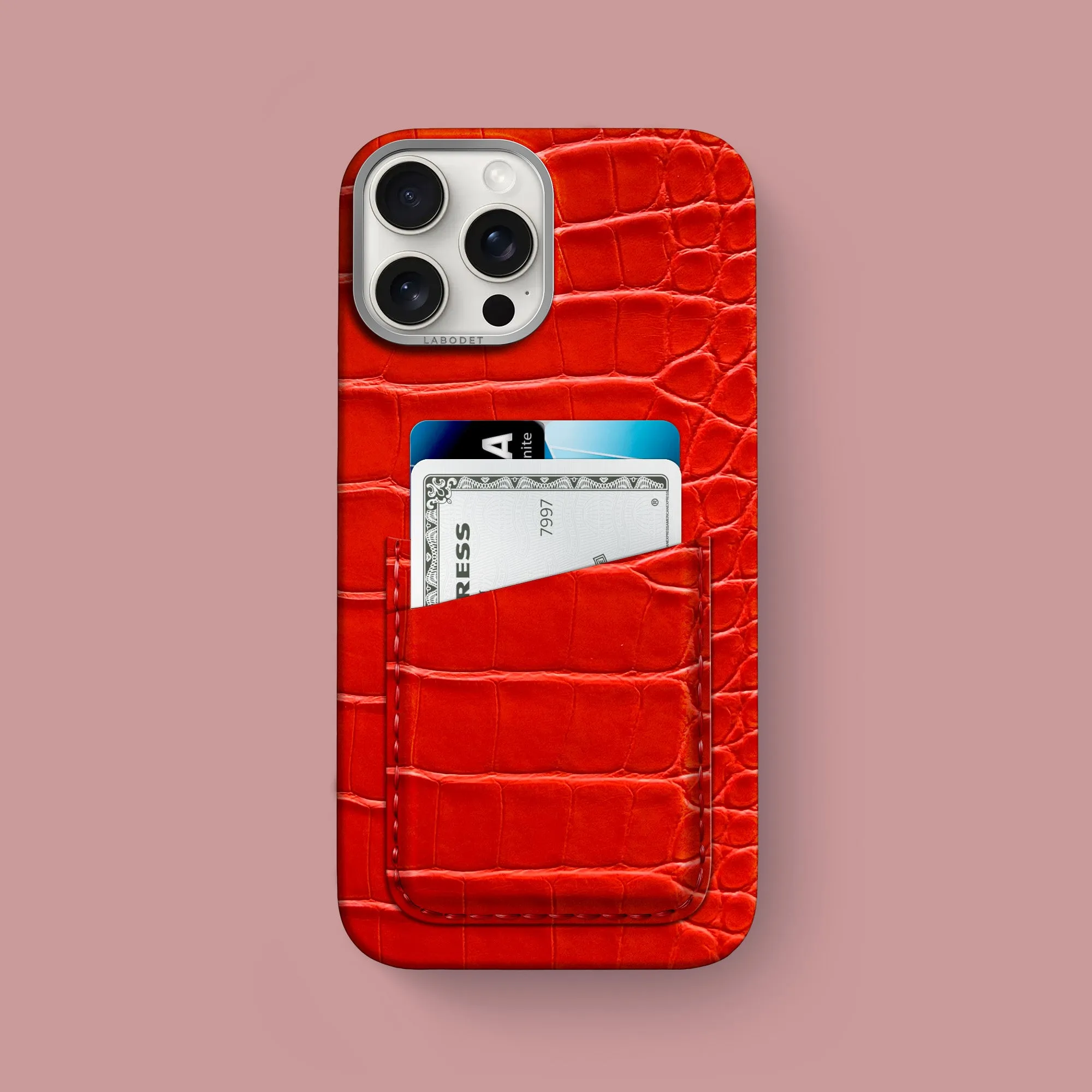 Soft edges Durable Surface Design Double Card Case Deep Coral For iPhone 16 Pro Max In Alligator