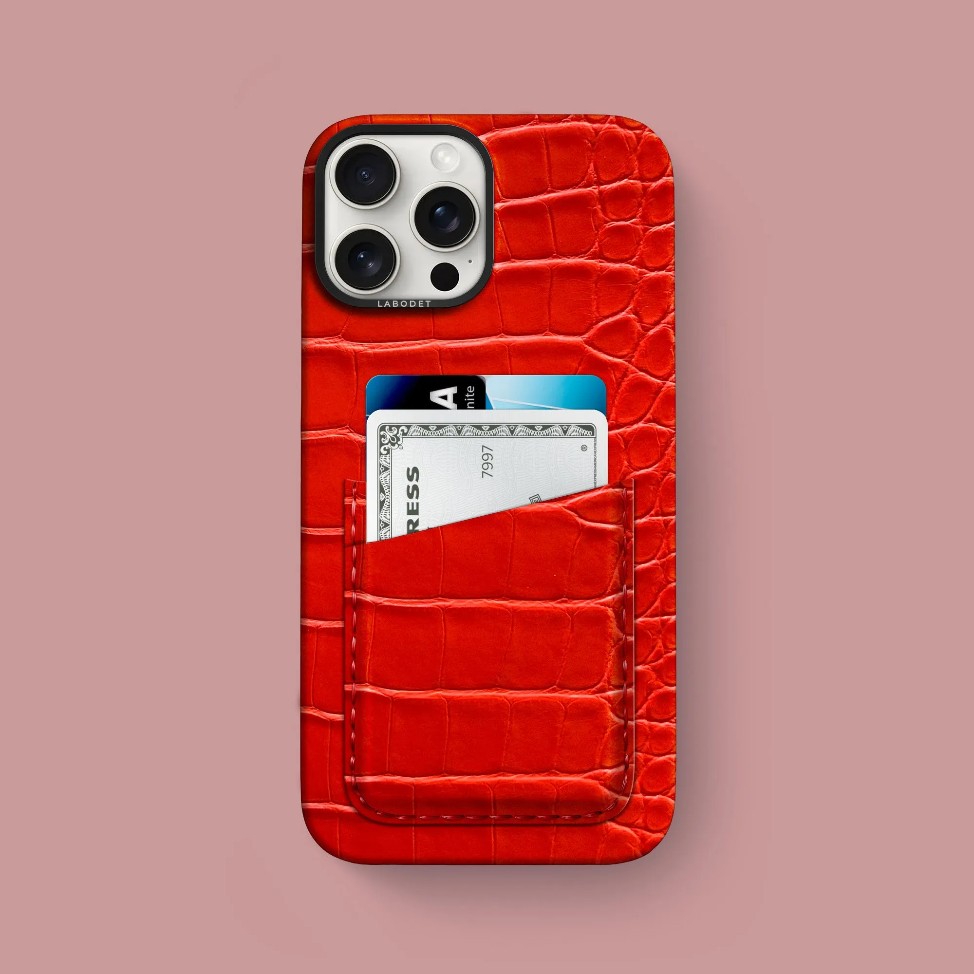 Double Card Case Deep Coral For iPhone 16 Pro Max In Alligator Smooth Pattern Finish