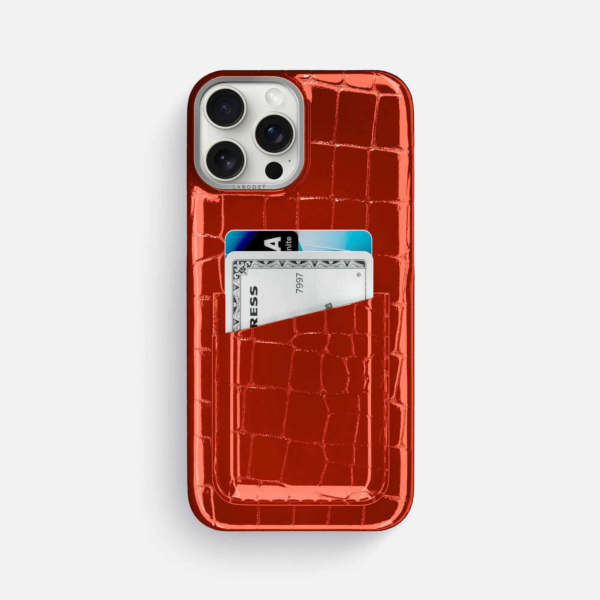 Textured Detail Slim Profiled Double Card Case For iPhone 16 Pro Max In Shiny Alligator