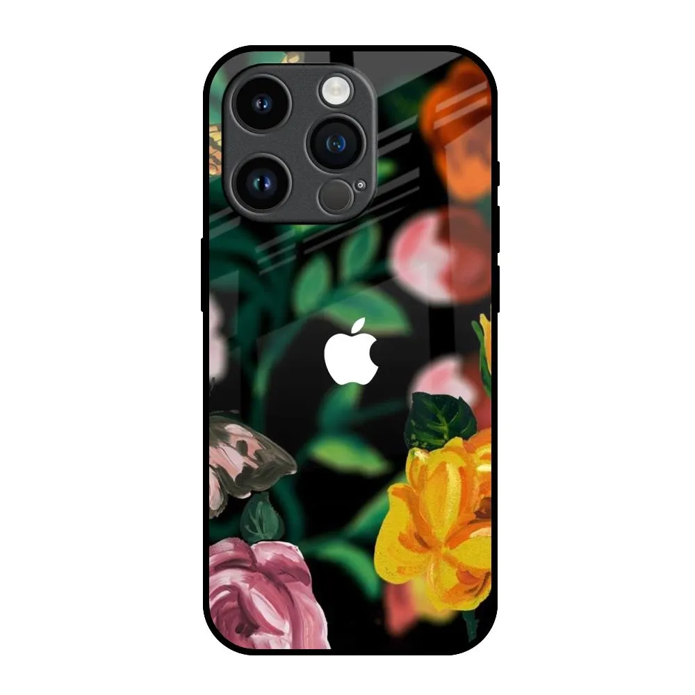 Flowers & Butterfly Glass Case for iPhone 14 Pro Stylish Layer Matte Coating