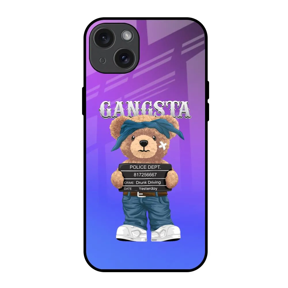 Fashion Accessory Modern Aesthetic Gangsta Bear Glass Case for iPhone 15 Plus