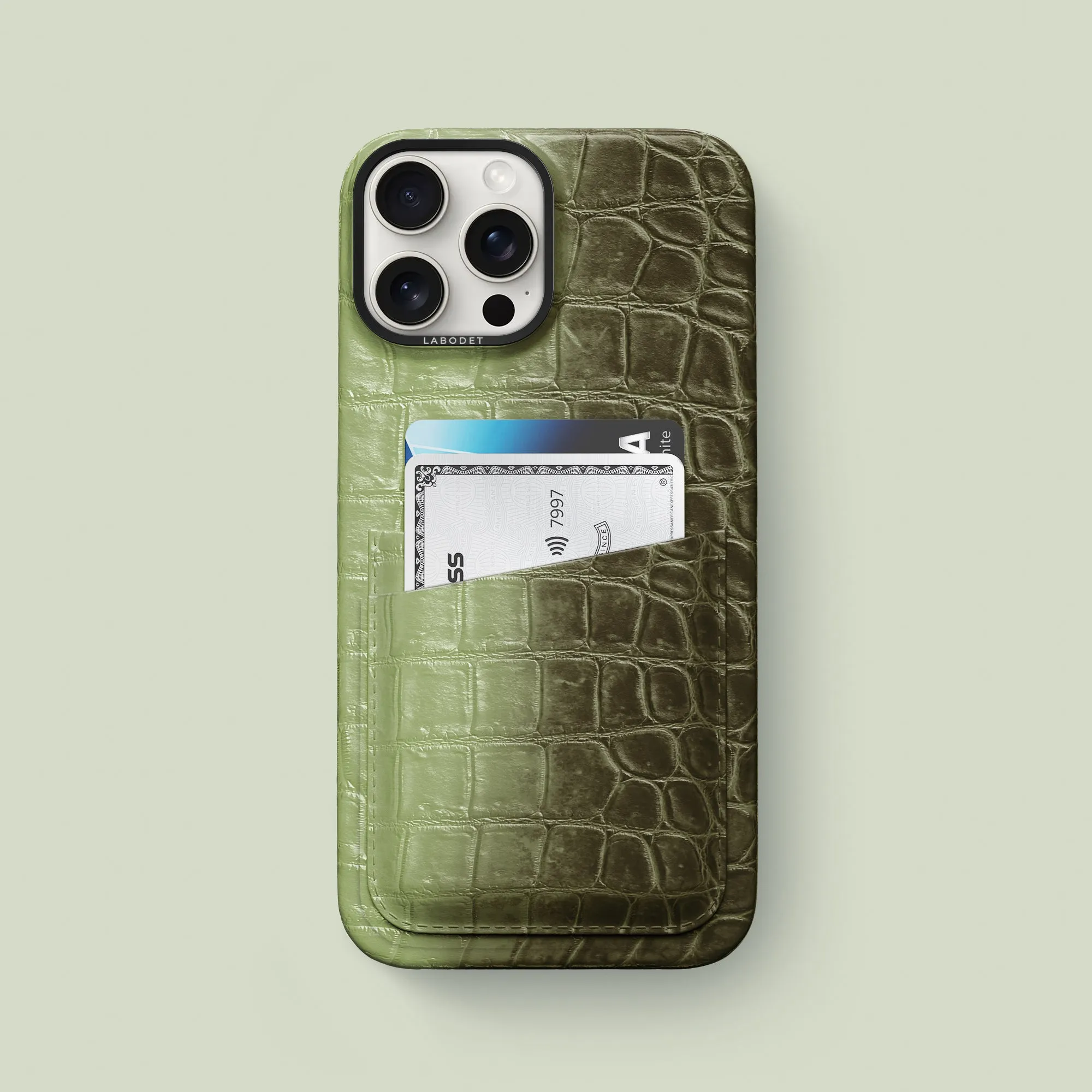 Clear Frame Double Card Case Celadon Green For iPhone 16 Pro Max In Himalayan Crocodile