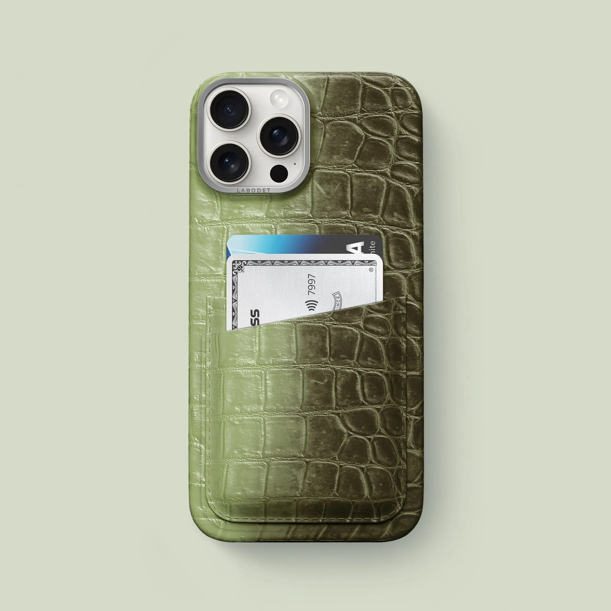Double Card Case Celadon Green For iPhone 16 Pro Max In Himalayan Crocodile Premium Material