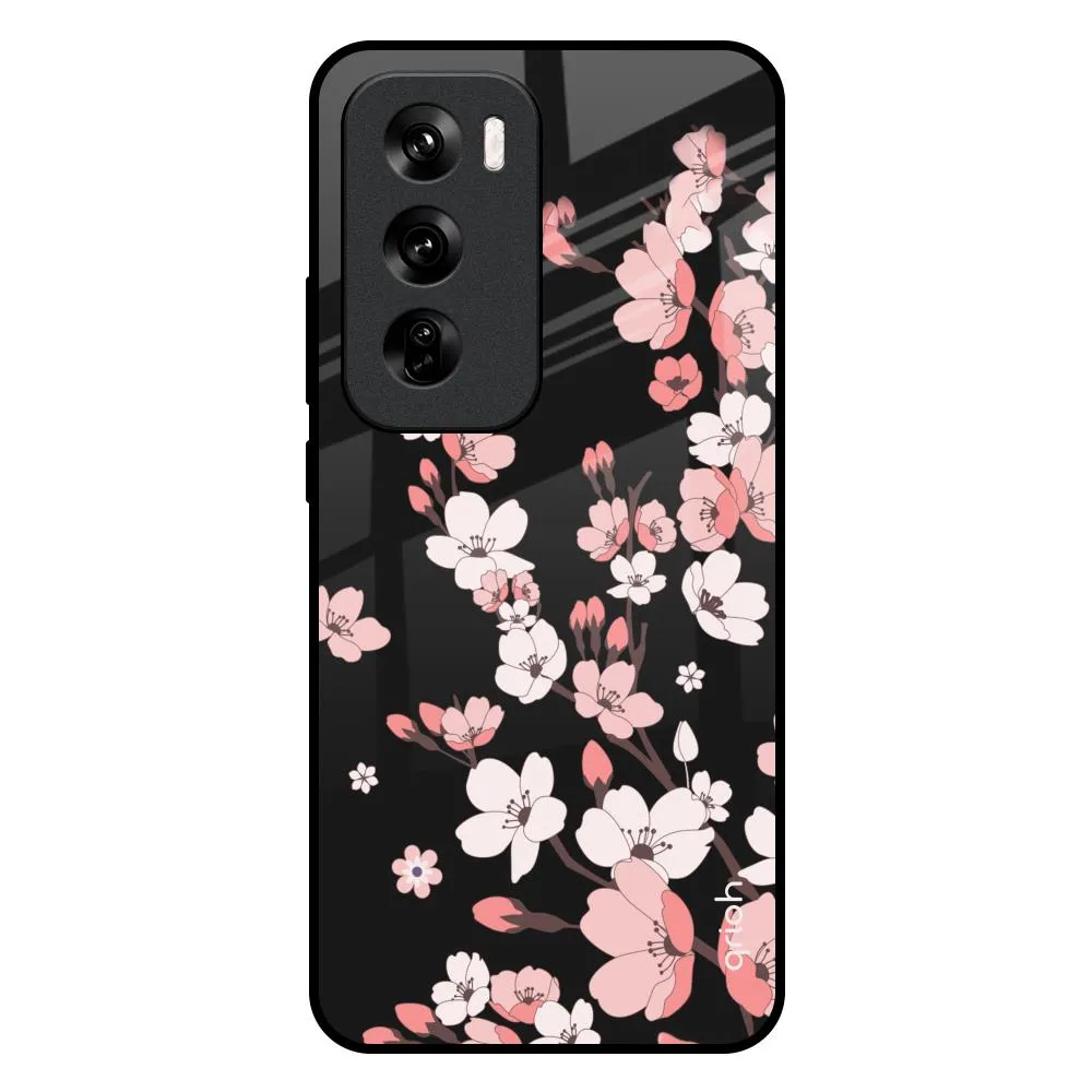 Black Cherry Blossom Glass Case for Oppo Reno 12 Pro 5G Matte Surface Design