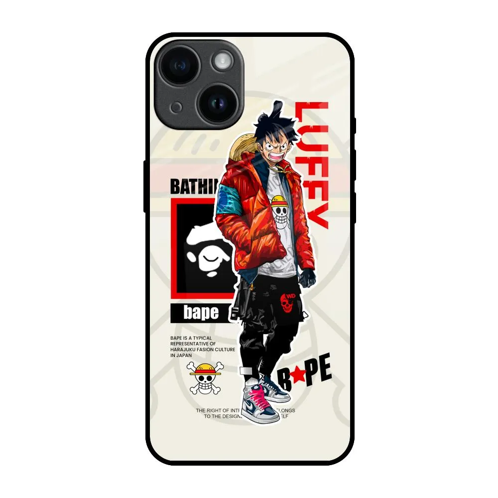 Stylish Texture Bape Luffy Glass Case for iPhone 14