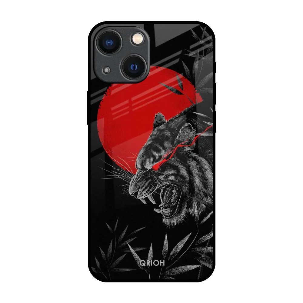 Transparent Edge Minimal Texture Red Moon Tiger Glass Case for iPhone 14 Plus