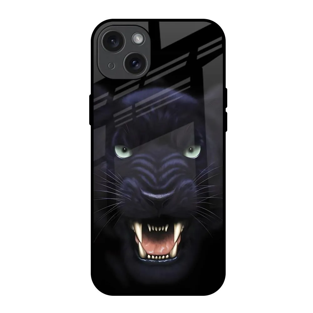 Angry Black Leopard Glass Case for iPhone 15 Plus Comfort grip design Clear Texture