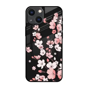 Black Cherry Blossom Glass Case for iPhone 14 Plus Matte Texture Finish Glossy Texture Layer