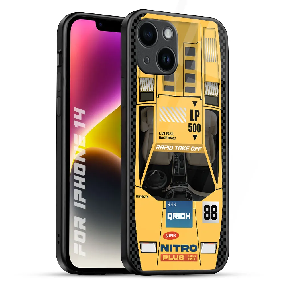 Yellow Racing Car Glass Case for iPhone 14 Polished Edge