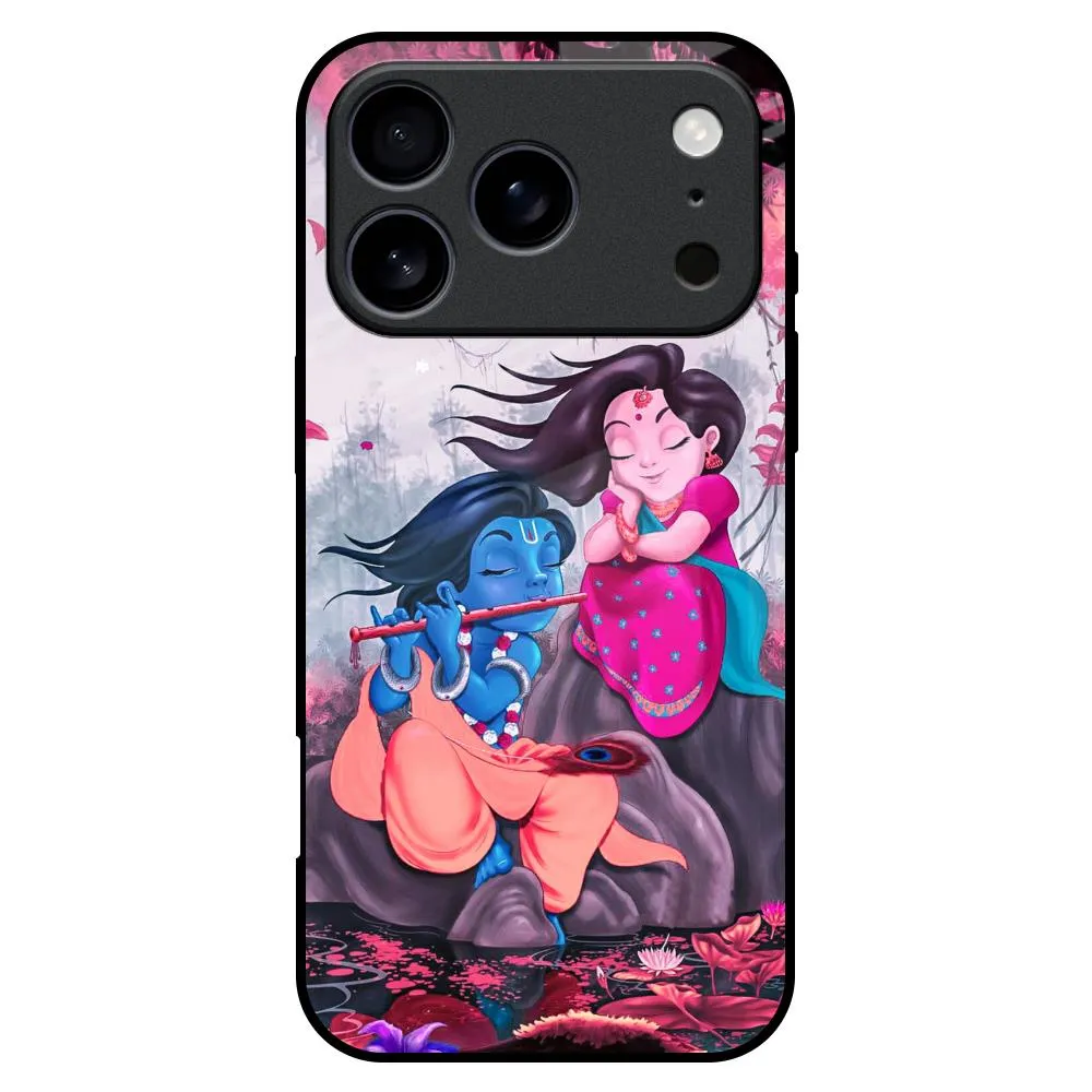 Fashion Accent Easy Grip Radha Krishna Art Glass Case for iPhone 17 Pro Max