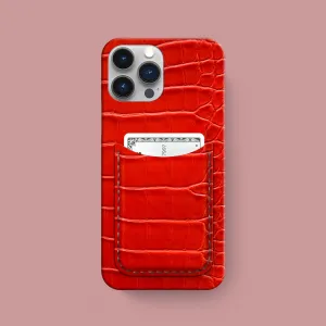 Slim Card Case Deep Coral For iPhone 16 Pro Max In Alligator Smooth Shield Hybrid Frame