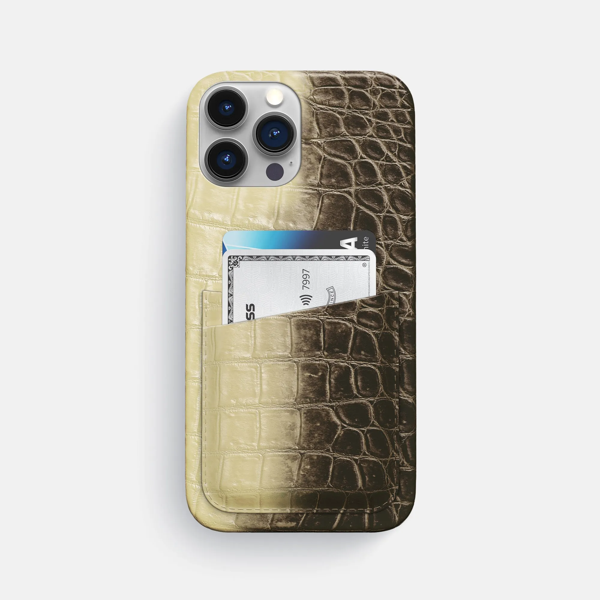 Elegant Surface Texture Comfort Detail Slim Double Card Case For iPhone 16 Pro Max In Himalayan Crocodile