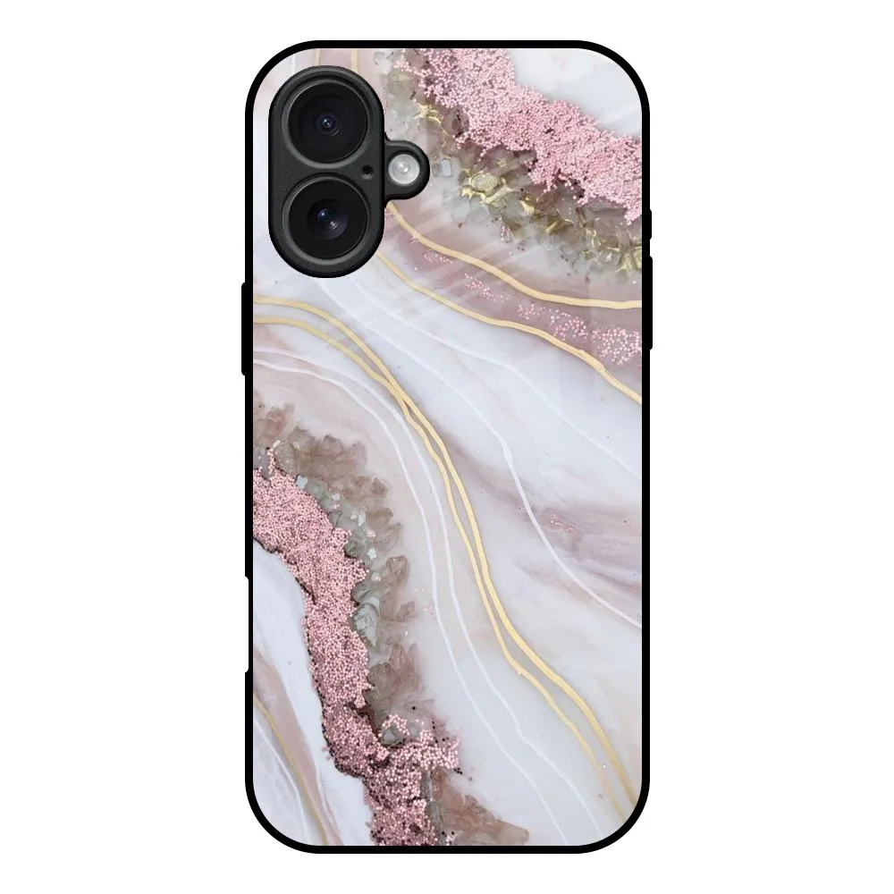 Pink & Gold Gllitter Marble Glass Case for iPhone 17 Premium Texture Design