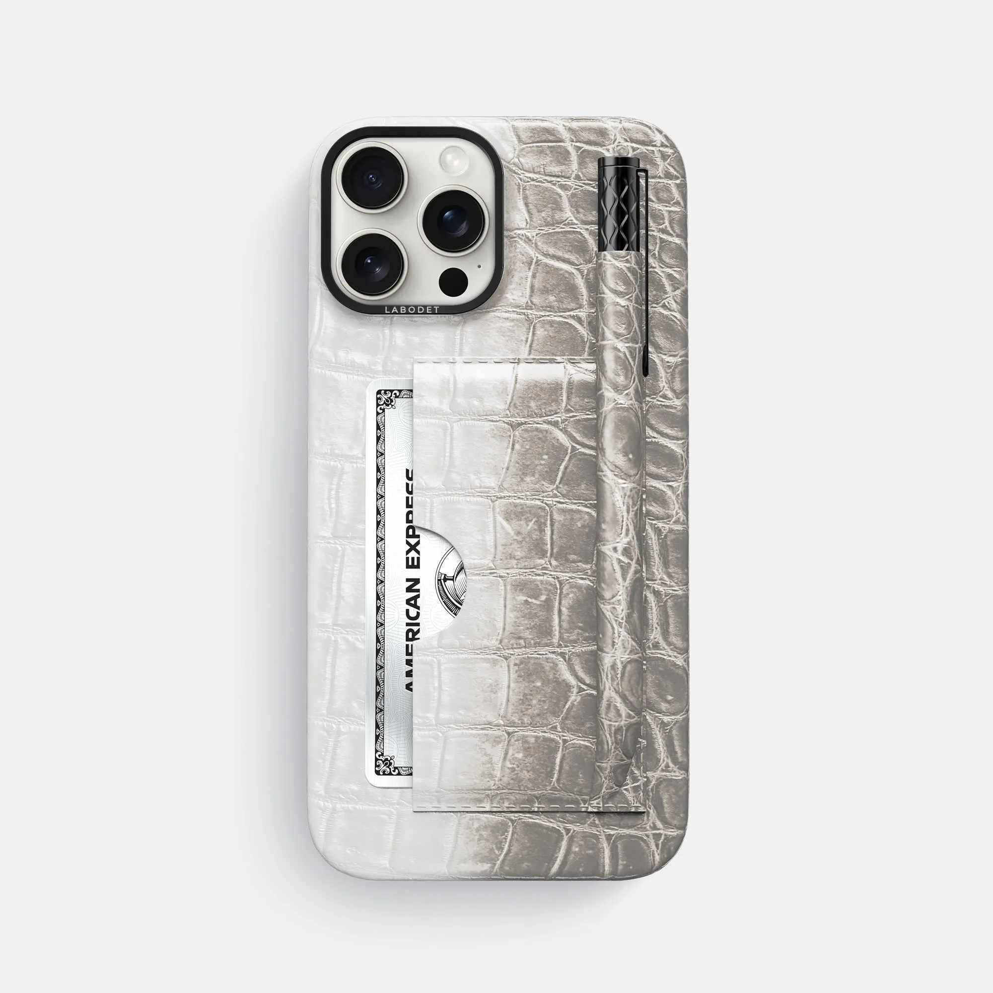 Card and Pen Holder Case For iPhone 16 Pro Max In Himalayan Crocodile Lightweight accessory Rugged Texture Design