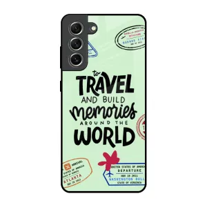 Travel Stamps Glass Case for Samsung Galaxy S21 FE 5G Matte Texture Finish Classic Design