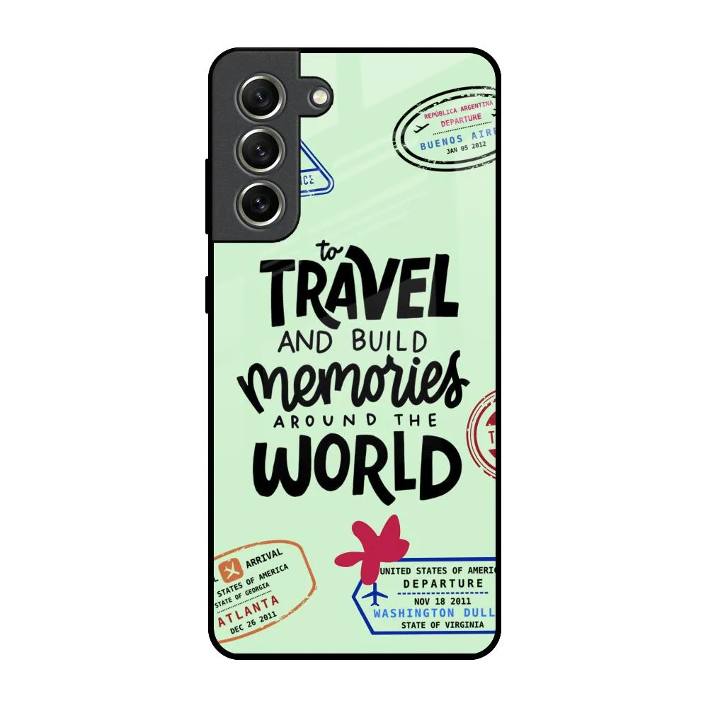 Travel Stamps Glass Case for Samsung Galaxy S21 FE 5G Matte Texture Finish Classic Design