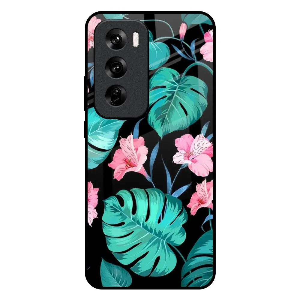 Sleek Guard Tropical Leaves & Pink Flowers Glass Case for Oppo Reno 12 5G