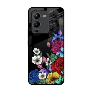 Rose Flower Bunch Art Glass Case for Vivo V25 Pro Premium Style Polished Surface
