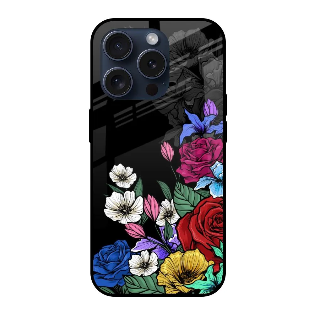 Rose Flower Bunch Art Glass Case for iPhone 15 Pro Glossy Finish Look Slim Look
