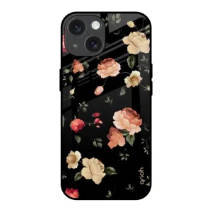 Black Spring Floral Glass Case for iPhone 15 Ergonomic Shape Rugged Build