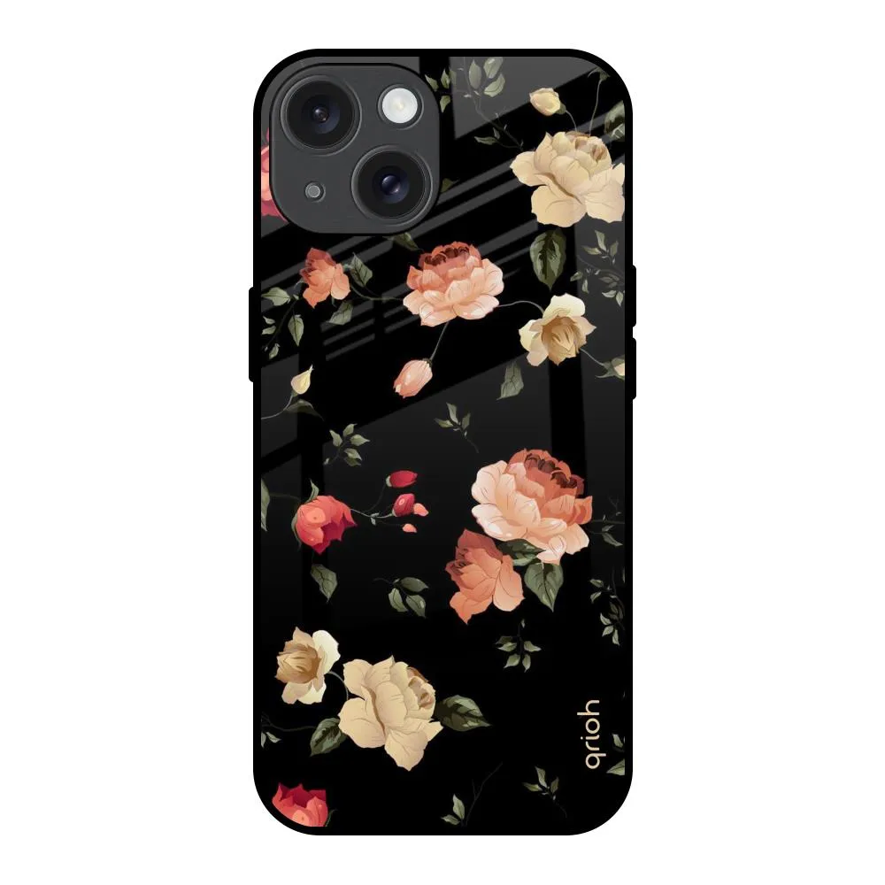 Black Spring Floral Glass Case for iPhone 15 Ergonomic Shape Rugged Build