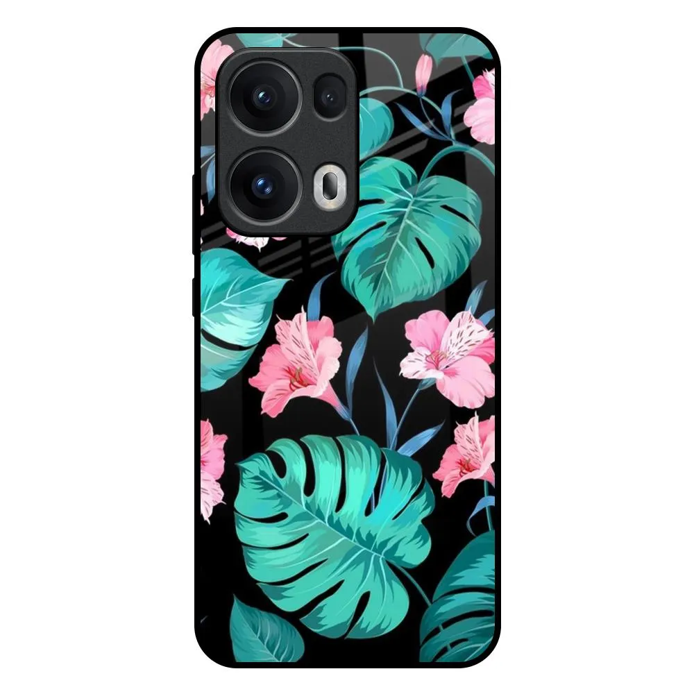Lightweight Build Quality Luxury Style Tropical Leaves & Pink Flowers Glass Case for Oppo Reno13 Pro 5G