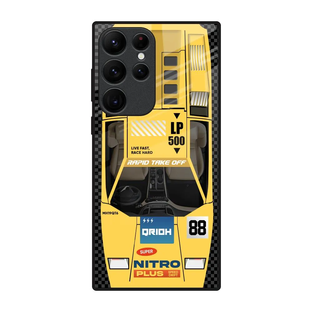 Yellow Racing Car Glass Case for Samsung Galaxy S22 Ultra 5G Rugged Surface Shock absorption